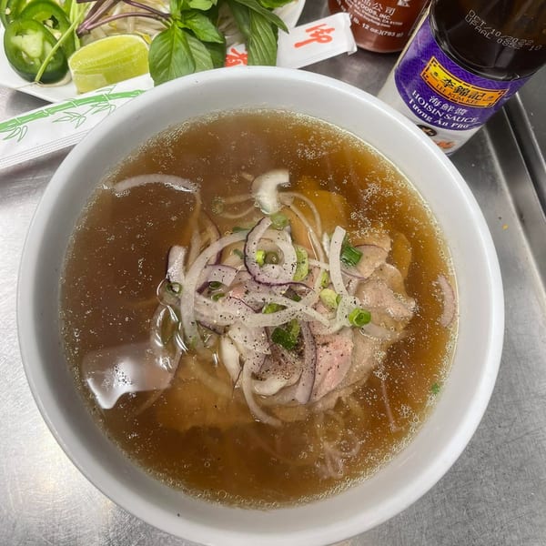 A bowl of pho with sliced meat, onions, and broth, alongside fresh herbs and hoisin sauce.